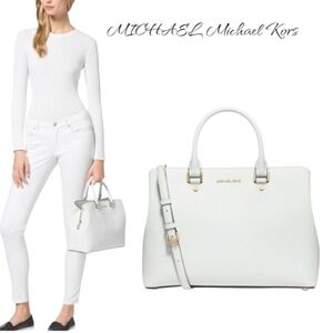 Michael Kors Savannah Medium Saffiano Leather Satchel White